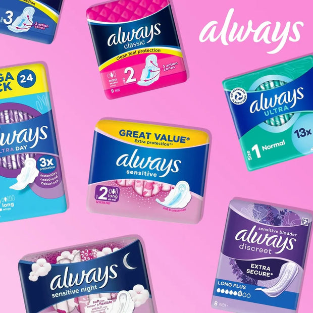 A collage of multiple Always brand sanitary pad packages arranged on a pink background, including Always Classic, Always Ultra, Always Great Value Sensitive, Always Ultra Back, and Always Discreet.