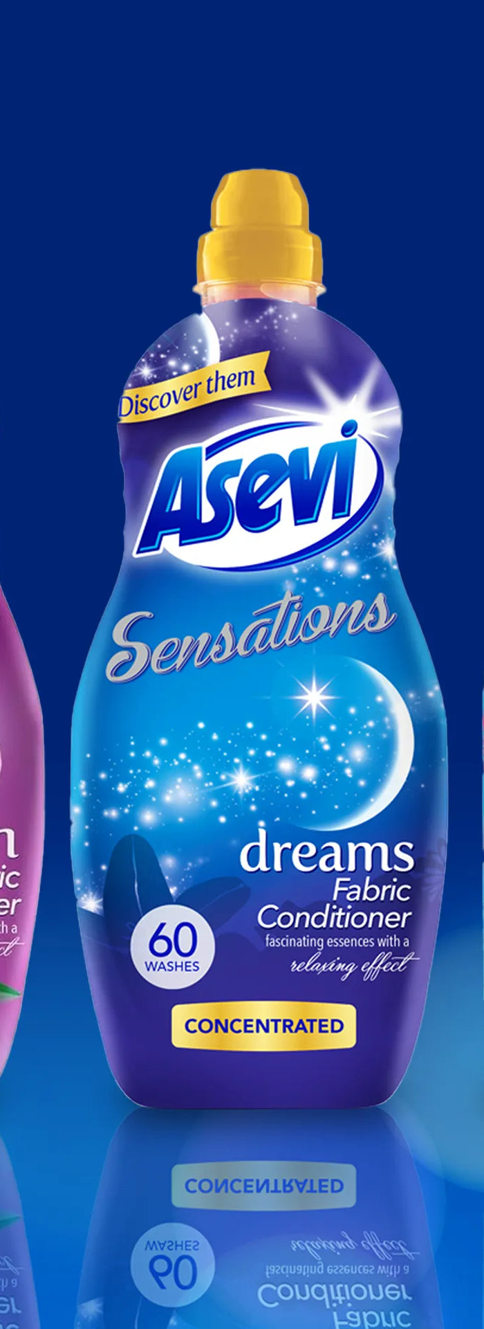 A promotional banner for Asevi laundry and cleaning products on a blue background, showing several bottles and a large price callout reading 'from €3'.