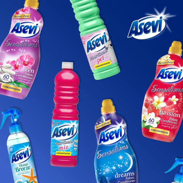 A collage of multiple Asevi fabric conditioner bottles and a spray bottle on a blue background, showing different scents including Sensations, Dream Breeze, and Passion.