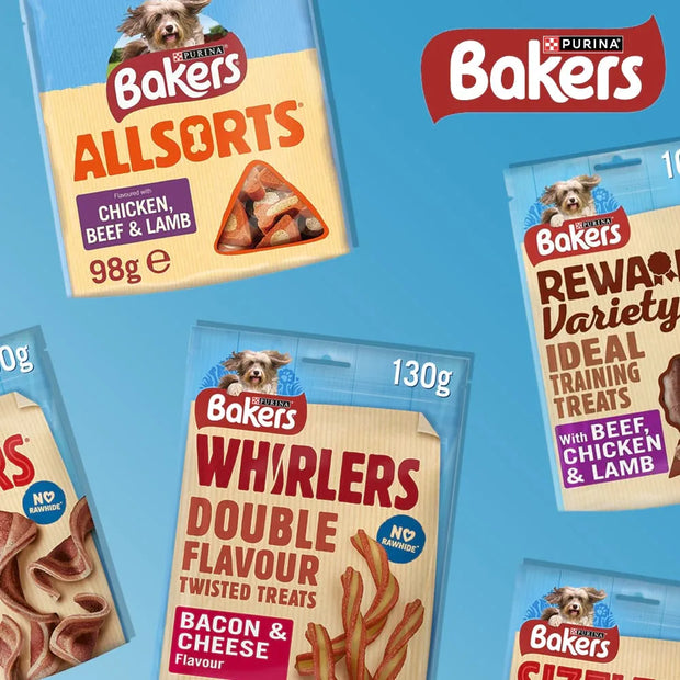 A collage of Bakers Purina dog treats on a bright blue background, showing multiple package variants including Allsorts, Whirlers Double Flavour, and Reward Variety.