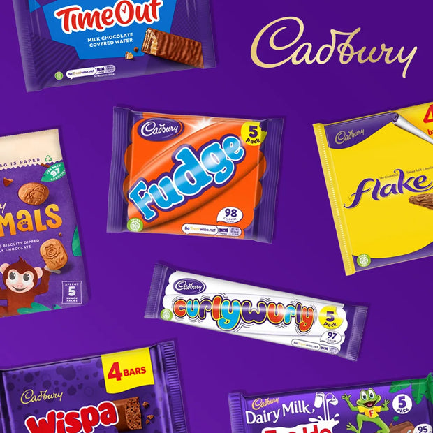 A collage of Cadbury chocolate products on a solid purple background, including Fudge, Flake, Curlywury, Wispa, Dairy Milk Chocolate, and a Timeout chocolate bar, with the Cadbury logo in gold at the top right.