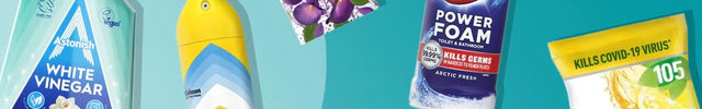 A collage of multiple household cleaning products on a teal background, including Zoffra, Domestos, Billy Bang, Pledge, Asborosh, Dettol, and Bluu.