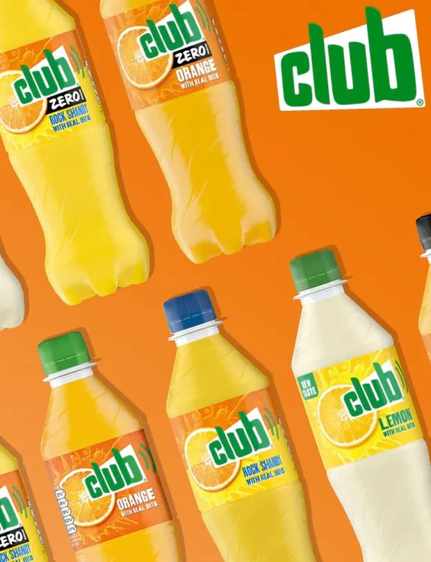 A collage of Club Zero orange and lemon sparkling drink bottles on a solid orange background, with the Club logo prominently displayed in the top right.