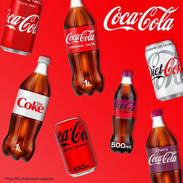 A promotional collage of Coca-Cola and Diet Coke beverages on a bright red background, including red cans and brown plastic bottles in Original Taste, Zero Sugar, Cherry, and 1L / 500ml sizes. The Coca-Cola and Diet Coke logos are prominently visible.
