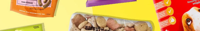 A collage of various dog treats and biscuits on a bright yellow background, including bags of Wagga BBQ Bangers, Pedigree Jumbane Mini, Bonito, Sparks Barks Chicken Dumplings, and a clear bag of biscuit selection for dogs.