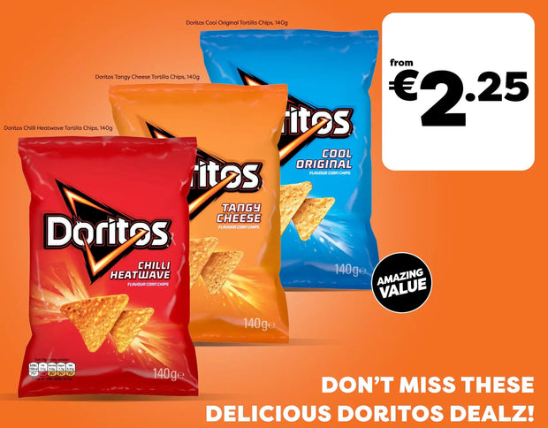 Three bags of Doritos snack chips on an orange background: a red bag of Chilli Heatwave, an orange bag of Tangy Cheese, and a blue bag of Cool Original. A white price box shows 'from €2.