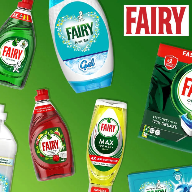 A collage of multiple Fairy dishwashing and cleaning products on a bright green background, including a green liquid cleaner, a blue non-bio gel bottle, a red liquid cleaner, a yellow Max+Power cleaner, and a box of Fairy oil cleaner. The word FAIRY is prominently shown in large red letters at the top right.