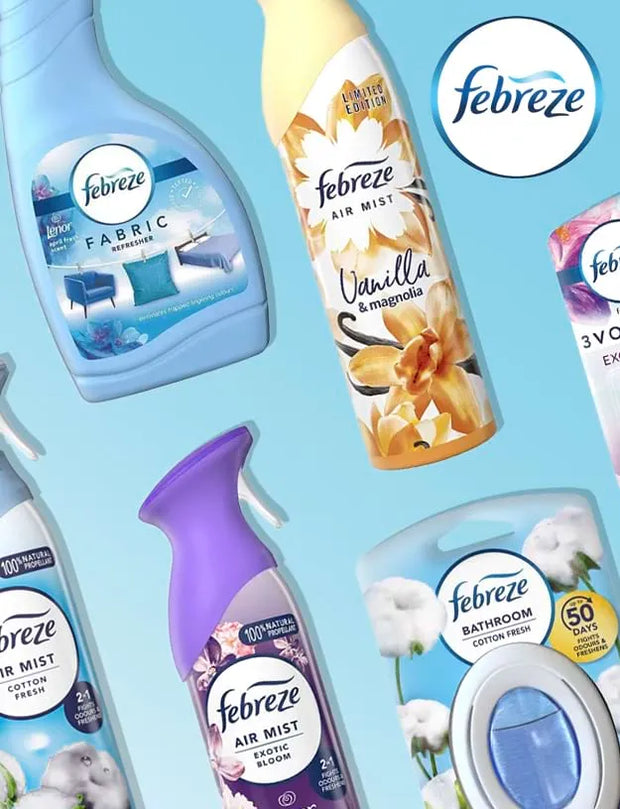 A collage of Febreze air freshener products on a light blue background, including a Fabric Air Freshener bottle, a Vanilla & magnolia Air Mist canister, and a Bathroom Air Freshener pack.