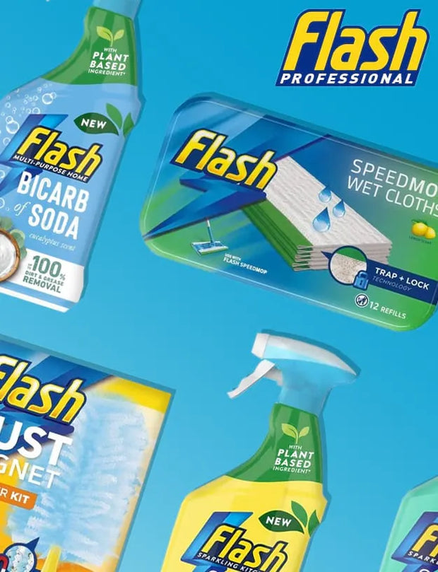 A collage of Flash Professional cleaning products on a bright blue background, including a Bicarb Soda spray bottle, a wet cloth treatment package, and other partially visible cleaning items. The Flash Professional logo is prominently displayed.