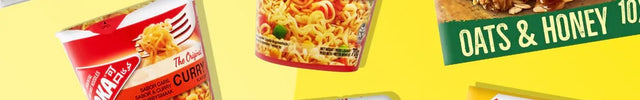 A collage of six British consumer goods packages on a bright yellow background: Lotus Biscoff biscuits, Nona chicken noodle cups, Nature Valley crunchy oats and honey bars, Cadbury Dairy Milk Freddo, Whitworths granulated sugar, and a box of tea cakes.