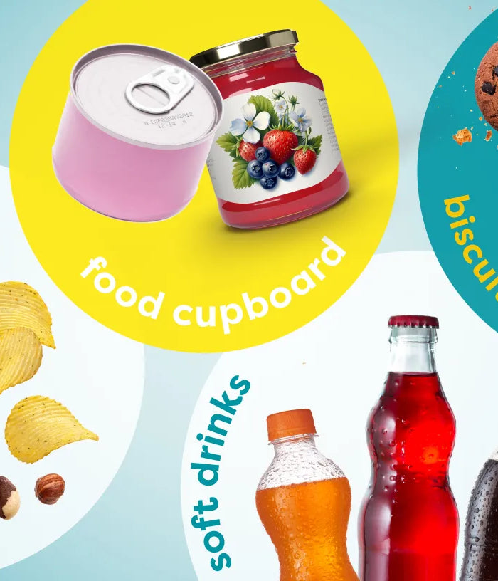 A colorful educational-style collage showing categories for snack and drink identification: chocolate and sweets, crisps and nuts, food cupboard, biscuits and crackers, soft drinks, and hot drinks, with illustrated food items and containers on a teal background.