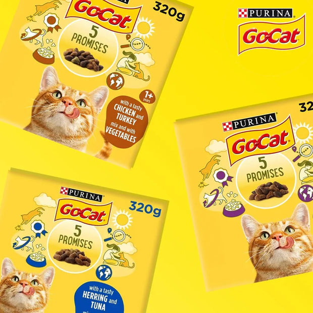 Three GoCat Purina cat food pouches arranged on a bright yellow background. The packaging is yellow with a cat face illustration, the GoCat logo, and text indicating 5 Promises and 320g.