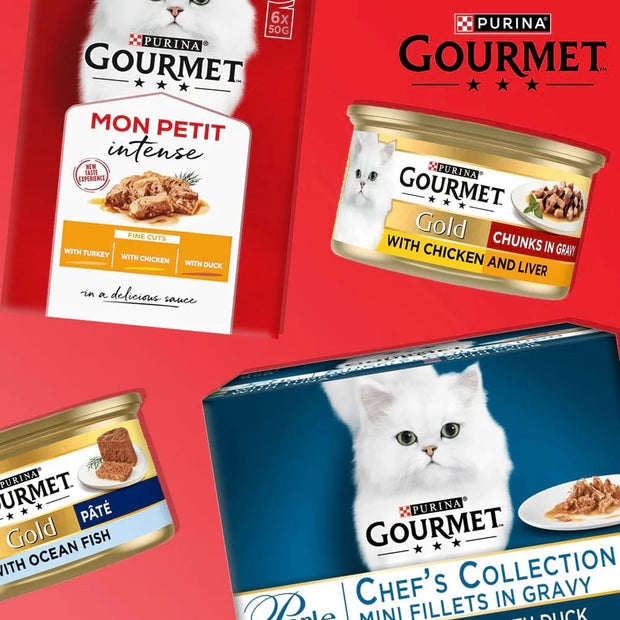 Purina Gourmet cat food assortment on a bright red background, including Mon Petit Intense, Gold with Chicken and Liver, Pâté with Ocean Fish, and Chef's Collection mini fillets in gravy.
