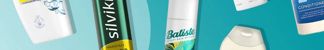 A collage of various personal care and haircare products arranged diagonally on a teal background, including Wella Silvikrin, Head & Shoulders, VOS, Batiste, XHC, and Barbera San Giovanni.
