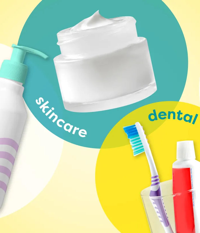 A collage of assorted personal care and beauty products on a bright yellow and teal graphic background, including shower and bath hand soap, haircare, skincare, dental, deodorant and body sprays, and cosmetics.