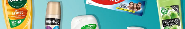 A collage of various household and personal care products arranged on a teal background, including Radox, Huggies, Dove, Colgate, Sanex, Impulse, Carex, and Always brands.