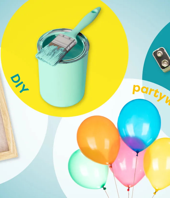A colorful infographic-style collage on a teal background showing multiple product categories: a candle in a beige ribbed container, a home decor framed pattern sample, a paintbrush in a paint can labeled DIY, party balloons, party supplies including red and yellow cups and a small toy, and yellow headphones under the technology label.
