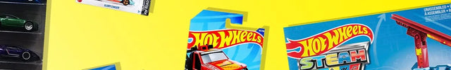 A collage of Hot Wheels toy packaging and a large Hot Wheels logo on a bright yellow background, including cards and a Playset box.