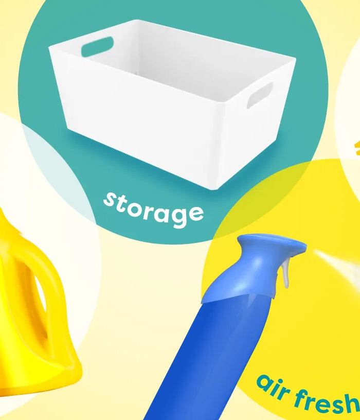 A colorful graphic collage showing multiple household cleaning and laundry products on a bright yellow background with teal circular callouts. Visible items include a blue spray bottle labeled cleaning, pink and yellow bottles labeled laundry, a white storage bin, blue washing up/dishwashing pads, a blue air freshener spray, and white kitchen roll and toilet paper.