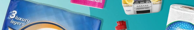 A collage of multiple household cleaning and kitchen products on a bright teal background, including Quantum Quilts sheets, Astro Drip kitchen cleaner, Fairly Reddish dish soap, Powerade, The Pink Stuff cleaning paste, and a roll of Super Absorbency kitchen towels.