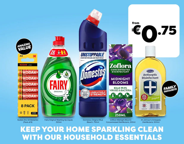 A promotional collage showing multiple household essentials on a light blue background: a pack of Kodak film rolls, a green Fairy washing-up liquid bottle, a blue Domestos blue bottle, a purple Zofflora disinfectant packet, and a yellow Dr. Johnson's antiseptic hand wash bottle.