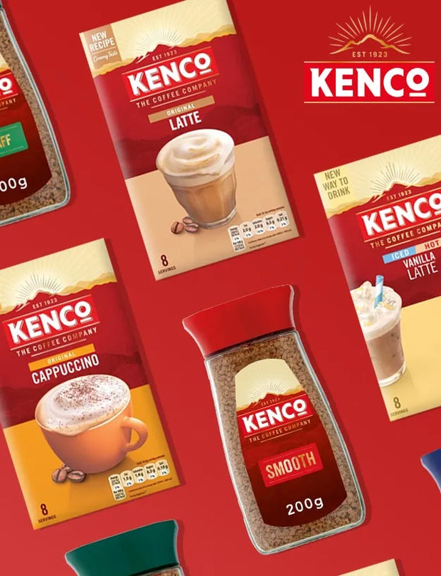 A collage of Kenco coffee products on a solid red background, including packaged instant coffee boxes and a jar of Kenco Smooth instant coffee.