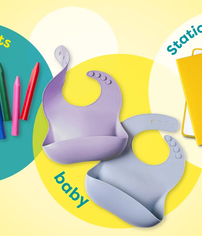 A colorful children's toy assortment banner on a yellow background with circular sections labeled toys, arts & crafts, baby, stationery & books, and outdoor toys.