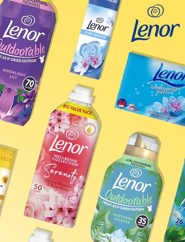 A collage of multiple Lenor outdoor air freshener products on a solid yellow background, including Moonlight Lily, Scently, and Northern Solstice sprays in purple, pink, and green packaging.