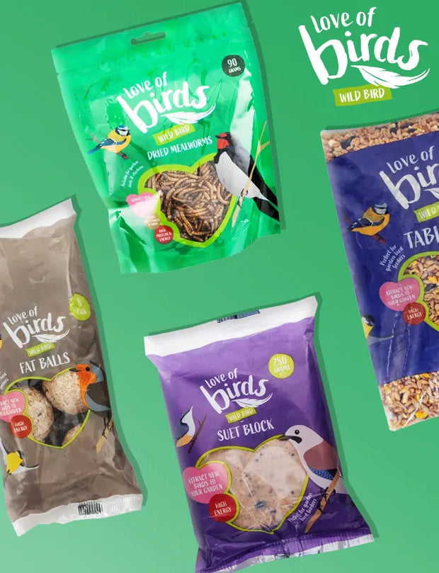 Four bags of Love of Birds bird treats arranged on a bright green background, including Fat Balls, Dried Meatballs, Sweet Block, and Tablet. The Love of Birds logo is also shown in the top right corner.