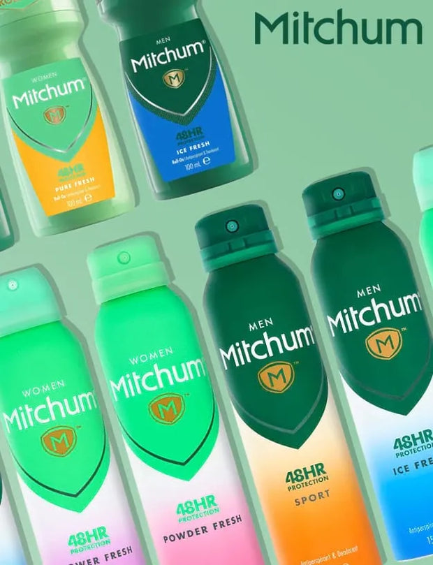 A collage of Mitchum men's and women's deodorant bottles in assorted colors including green, blue, pink, and orange, arranged diagonally on a light green background with the Mitchum brand name in the top right.