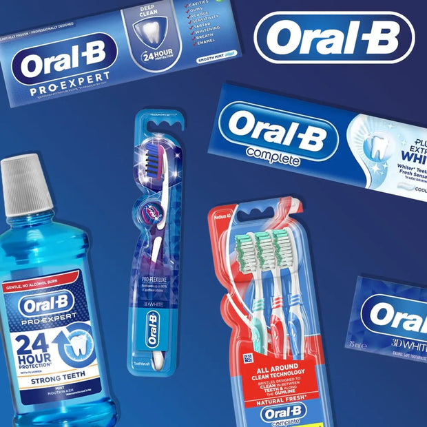 A collage of Oral-B tooth care products on a dark blue background, including ProExpert and Complete toothpaste tubes, a mouthwash bottle, a dual-sided toothbrush, and a multi-head toothbrush package.