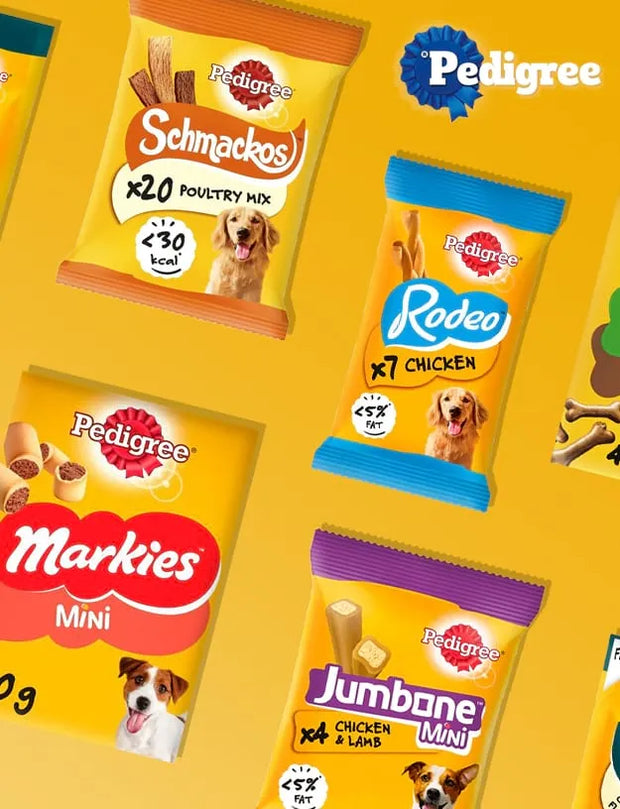 A collage of Pedigree dog treats on a bright yellow background, including Schmackos Poultry Mix, Rdeeo Chicken, Markies Mini, and Jumbane Mini bags, with the Pedigree logo in the top right.