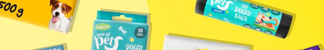 A collage of multiple pet products on a bright yellow background, including Pedigree Markies Mini dog treats, Bakers Sizzlers meat treats, Bakers Whirlers double flavour treats, a tube of pet toys, Clever Dog puppy training pads, and a Wild Bird Table Mix bag.