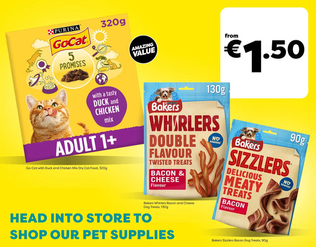 Pet supplies showing three packaged pet treats: a Purina GoCat Adult 1+ cat treat bag on the left, and two Baker's pet snack bags on the right. The background is bright yellow with promotional text and a price box from 1 euro 50 cents.