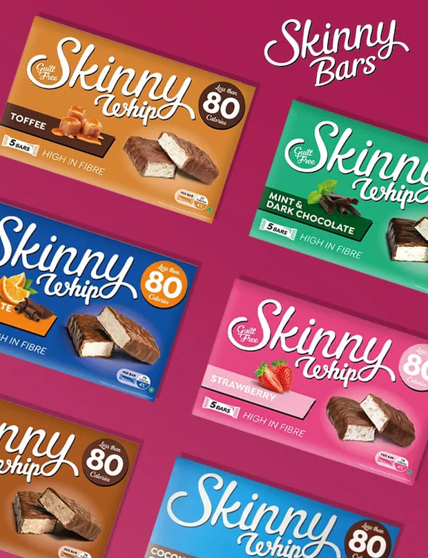 A collage of Skinny Whips chocolate bars packaging on a magenta background, showing multiple flavor options including Toffee, Minty & Dark Chocolate, Strawberry, and Coconut. The Skinny Bars logo is visible in the top right.