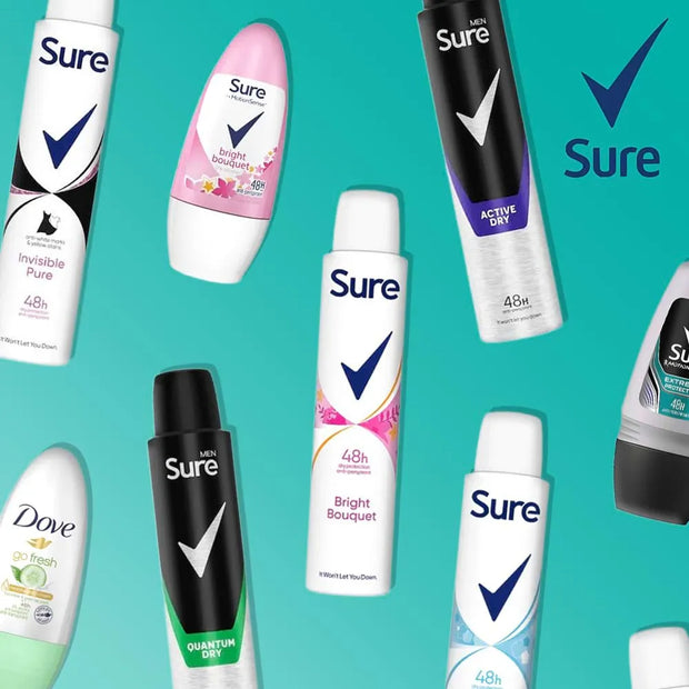 A collage of various personal care products including Sure deodorants, Dove oil wash, and other brands on a bright teal background.