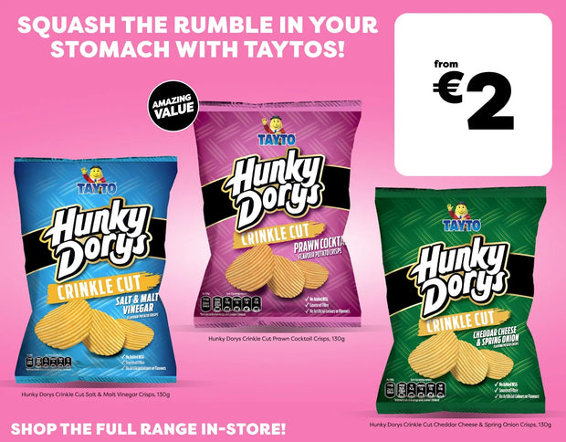 Taytos Hunky Dorky Crinkle Cut potato chips showing three bag flavours against a pink background: Salt & Malt Vinegar (blue), Creamy Peanut Butter (purple), and Cheddar Cheese & Onion (green), with a price callout of from €2.