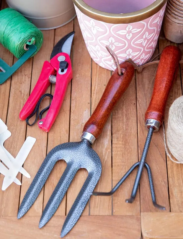 Two garden hand tools with reddish-brown wooden handles and dark metal heads, displayed on a wooden surface with gardening props including pruning shears, twine, and a patterned pot.