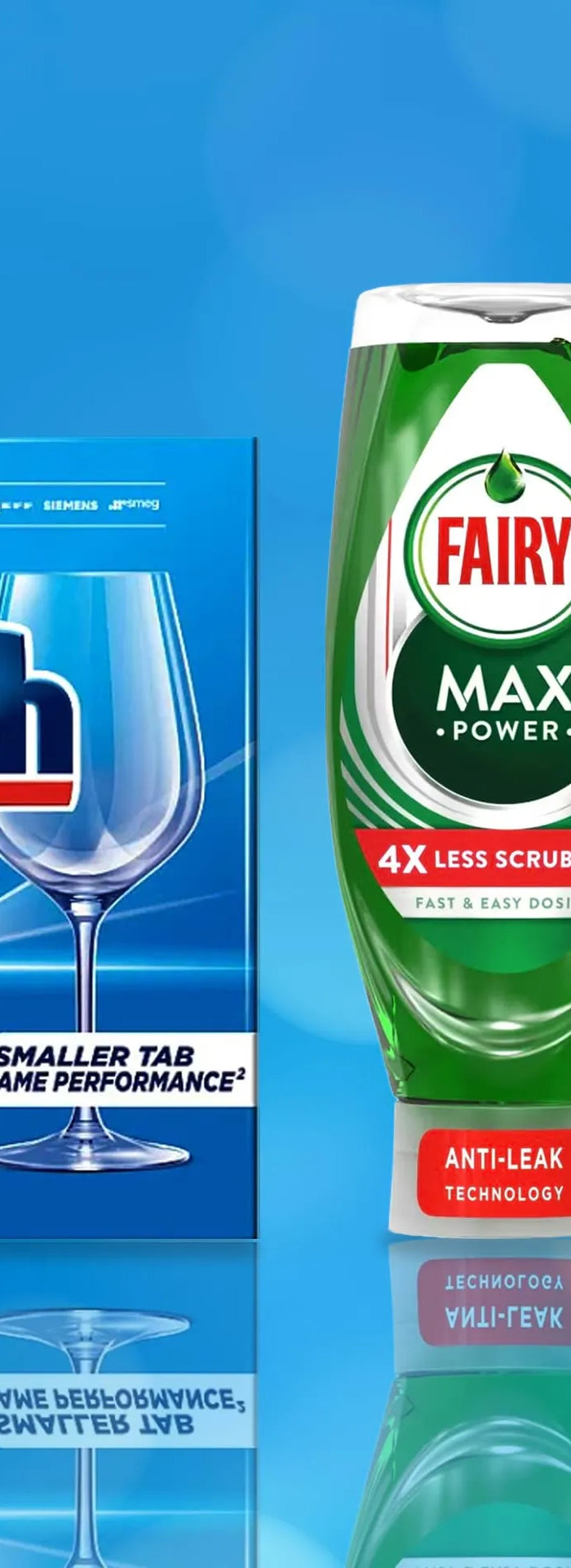 Promotional banner for Finish and Fairy washing up essentials, showing a blue Finish Power Dishwashing Aid box, a green Fairy Max dishwashing liquid bottle, and a green Fairy liquid dishwashing soap bottle on a blue background with a white price callout reading from €1.50.