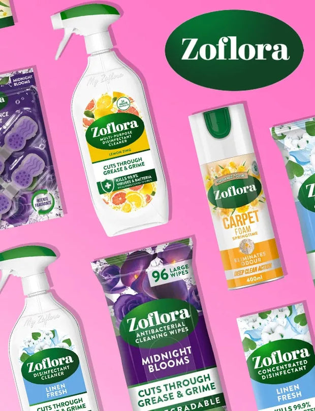 A collage of Zoflora disinfectant and carpet cleaning products on a bright pink background, including a spray bottle, liquid cleaner, carpet foam, and wipes.